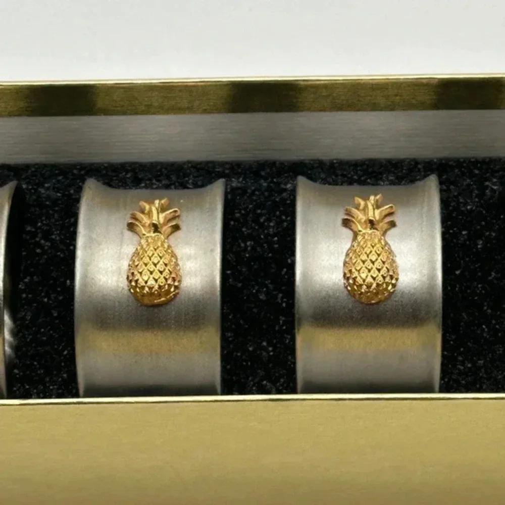 Set‎ of 4 Brass Pineapple Napkin Rings Vintage Hollywood Regency Style